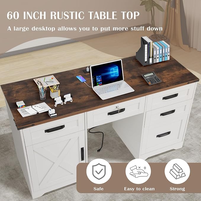 Grepatio 60" Farmhouse Executive Desk with Drawers, Wood Home Office Desk with Charging Station, Keyboard Tray, Computer Writing Desk with Filing Cabinet Drawers for Work Study, Antique White