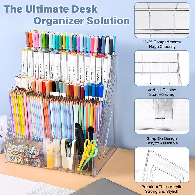 CELSOL Acrylic Marker Organizer – 4 Tier 20 Compartments for Pens, Markers, Art Supplies & Office Essentials – Clear Vertical Desk Storage for Home, Office & School