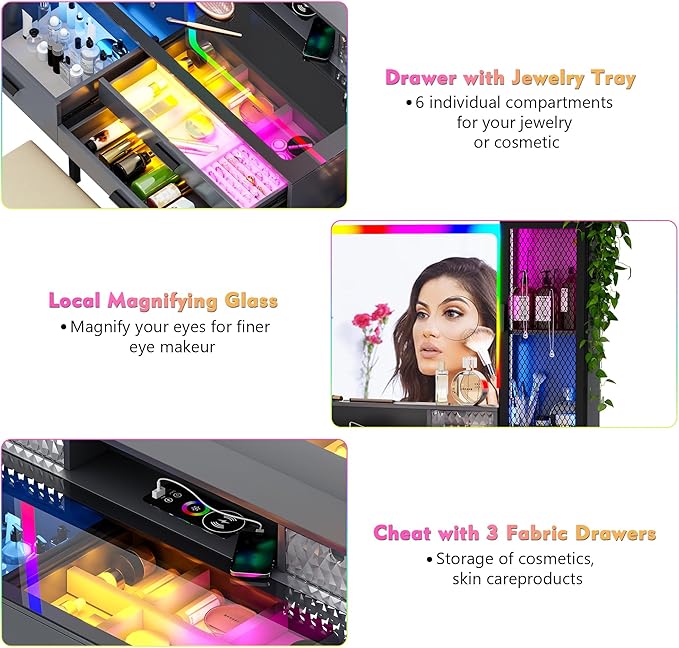 Lvifur RGB Makeup Vanity Desk with Wireless Charging Station,7 Dynamic & 24 Static Dimmable Vanity Table Set with Glass Top,Human Sensor LED Vanities with Mirror and Lights,6 Drawers,Stool
