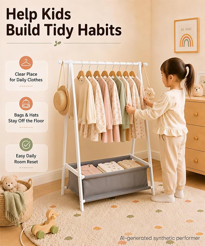 Homde Sturdy Kids Clothes Rack: 66 lb Capacity for Growing Wardrobe Needs | Hanging Rod Holds Clothes, Basket Stores Items Below - Helps Kids Build Tidy Habits - Angled Bamboo Side Frames Add Stability