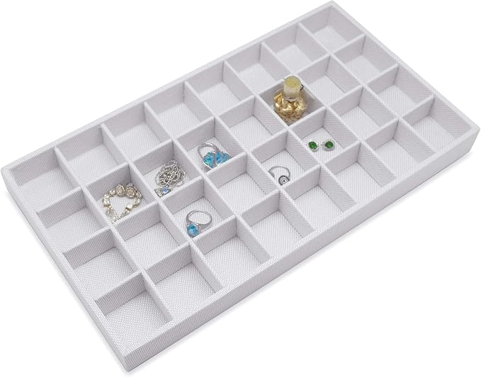The Display Guys - Stackable Jewelry Tray and Organizer - for Drawers, Dressers, Store Display (32 Compartments, White Burlap)