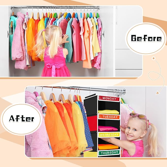 Amylove 2 Pcs 7 Shelf Weekly Clothes Organizer for Kids Hanging Closet Organizer 11. 8 x 11. 8 x 50 Inches Daily Activity Kids Clothes Storage Drawers Cube Drawers Closet Hanging Shelves(Black)