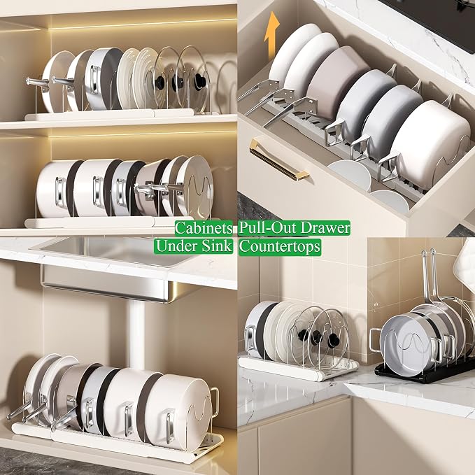 Pot Rack : Pots and Pans Organizer Under Cabinet 7 Adjustable Compartment Expandable Pot Lid Holder for Kitchen Cookware, Bakeware, Lid, Dishes, Cutting Boards,Apricot