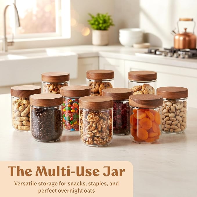 EDELHAUS Overnight Oats Containers with Lids Acacia (4 x 16oz) Glass Jars for Oatmeal, Meal Prep, Food Storage | Leak-Proof Mason Jars for Oats, Cereal, Yogurt, Chia Pudding [Thicker Glass 3mm]