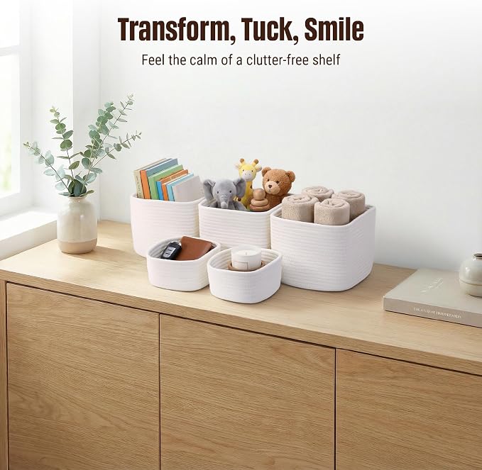 5-Pack Storage Cubes Woven Rope Baskets, 2 Sizes Organizer Bins | Ideal for Closet, Shelf, Bookshelf, Nursery, Changing Table, Cube Storage Bins, Storage Baskets for Bathroom Toy & Home