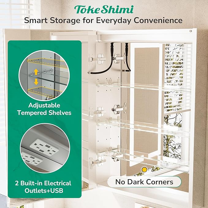 TokeShimi 20x26 Lighted Medicine Cabinet Mirrored Surface Mount 3 Color Dimmable, Anti-Fog Recessed Medicine Cabinet Mirror with Light and Outlet, 2-Side Led Bathroom Mirror with Storage