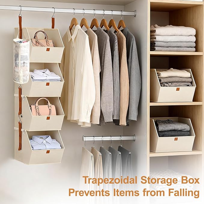 4 Tier Hanging Closet Organizer with Socks Storage Mesh Bag - Space Saving Storage Shelves for Closet, Wardrobe, Fabric Storage Bins for Dorm Rooms, Bedroom (Beige)