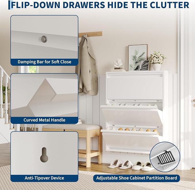 Garvee Slim Metal Shoe Cabinet with 3 Flip Drawers, Narrow Shoe Storage for Entryway, Wall Mounted or Floor Standing, Detachable Bottom Corners for Flexible Placement, Anti-Tip Safety Wall Mount