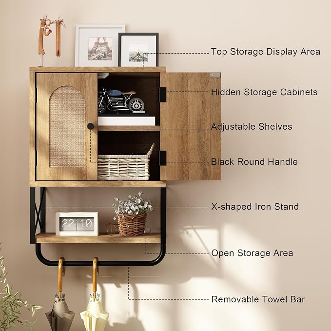 RUSTOWN Rattan Bathroom Wall Cabinet, Boho Over The Toilet Storage Cabinet | Arched Rattan Doors, Modern Medicine Cabinet, Adjustable Shelves, Towel Bar, Rustic Oak