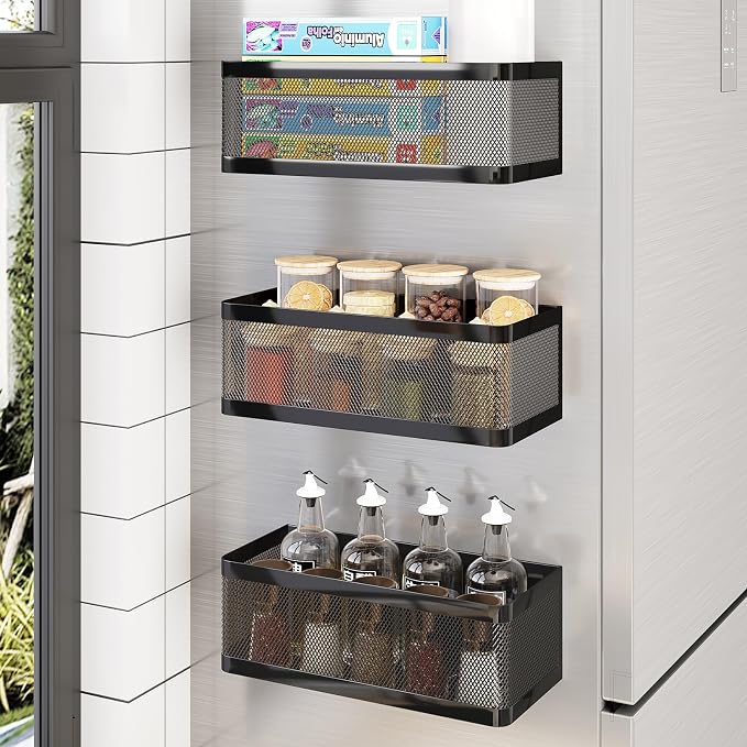 Magnetic Spice Rack for Refrigerator with Magnet Paper Towel Holder, Heavy-Duty Magnetic Shelf for Fridge, 2-in-1 Organization Shelf Sets for Kitchen, Washing Machine & Fridge Side, Black