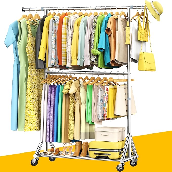 100% Stainless Steel Heavy Duty Clothes Rack Load 860LBS, Adjustable Height Double Rods Clothing Racks for Hanging Clothes, Rolling Garment Rack With Sturdy Wheels Shelf, Portable Closet Wardrobe Rack