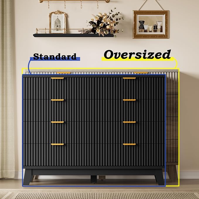 BORNOON Fluted 8 Drawer Tall Dresser, 47.2" Wide Modern Boho Chest of Drawers, Wooden Storage Dresser TV Stand for Bedroom, Living Room, Closet, Hallway, Curved Profile Design