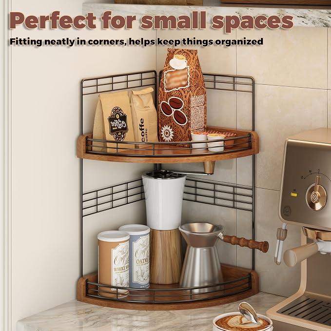 Bathroom Countertop Corner Organizer for Small Spaces, 2-Tier Counter Shelf | Oak Wood & Iron, Fan-Shaped Counter Shelf for Sink & Vanity Corners, Skincare, Toiletries, Compact Vertical Storage, Walnut