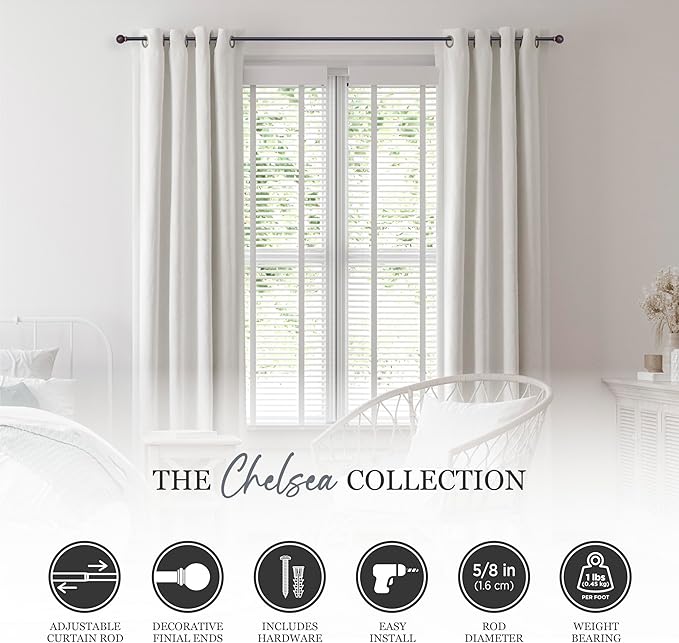 Kenney Chelsea Ball End Window Curtain Rod, Adjustable 28-48 Inch Extendable Rod Set, Oil Rubbed Bronze