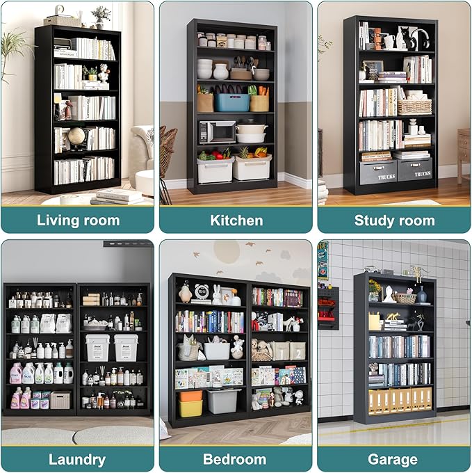 Heavy-Duty Metal Open Storage Cabinet with Adjustable Shelves, 5-Tier Shelving Unit, Easy Assembly Freestanding Organizer for Garage, Pantry,Office, Living Room (Black, 5 Tier-55"H x 27.6"W x 11.8"D)