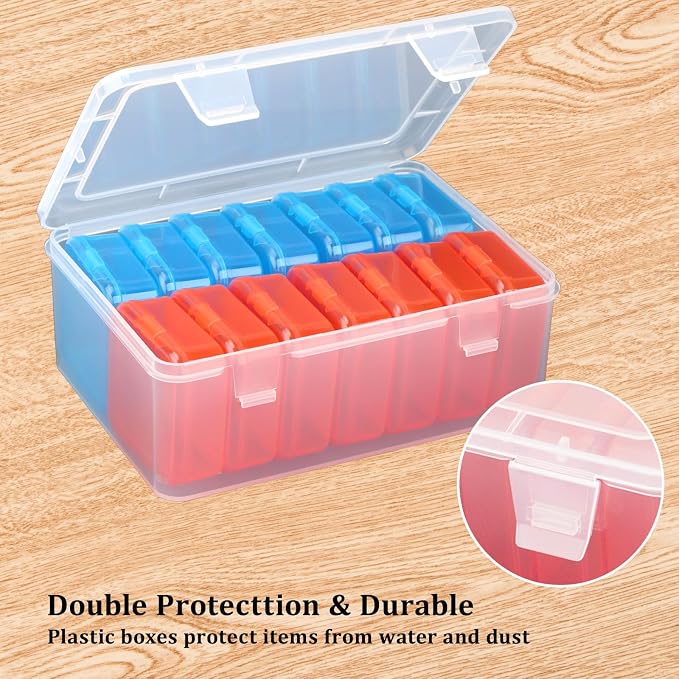 Mathtoxyz Small Bead Organizers(Red, Blue), 15 Pieces Plastic Storage Cases Mini Clear Bead Storage Containers Transparent Boxes with Hinged Lid and Rectangle Clear Craft Supply Case