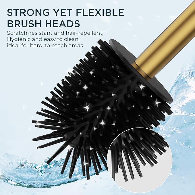 FORIOUS Toilet Brush, 2 Toilet Bowl Brush Head Square Tall Gold | Heavy Duty 304 Stainless Steel Base, Silicone and Plastic Brush Heads, Long Handle for Deep Cleaning, Drip-Proof