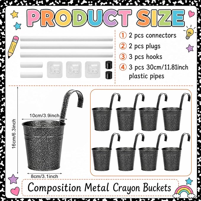 8 PCS Composition Metal Pencil Holder with Pipes Back to School Hanging Iron Small Pails Colors Crayon Organizer First Day of School Notebook Buckets Classroom Pencil Holder for Crafts Party Favors