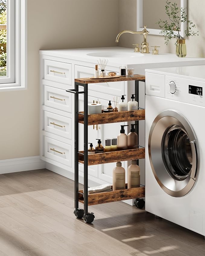 CHOEZON 4-Tier Slim Storage Cart, 5.1'' Kitchen Serving Trolley, Slim Rolling Cart with Handle and Guard Rails, Slim Cabinet for Small Spaces, for Dining Room, Rustic Brown and Black TTC01BF