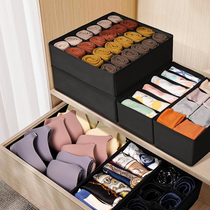 Drawer Organizer Clothes, 8 Pack Dresser Organizer Bins for Baby Clothes, Underwear Sock, Fabric Closet Organization and Storage Dividers for Nursery Bedroom (48 Compartments, Black)