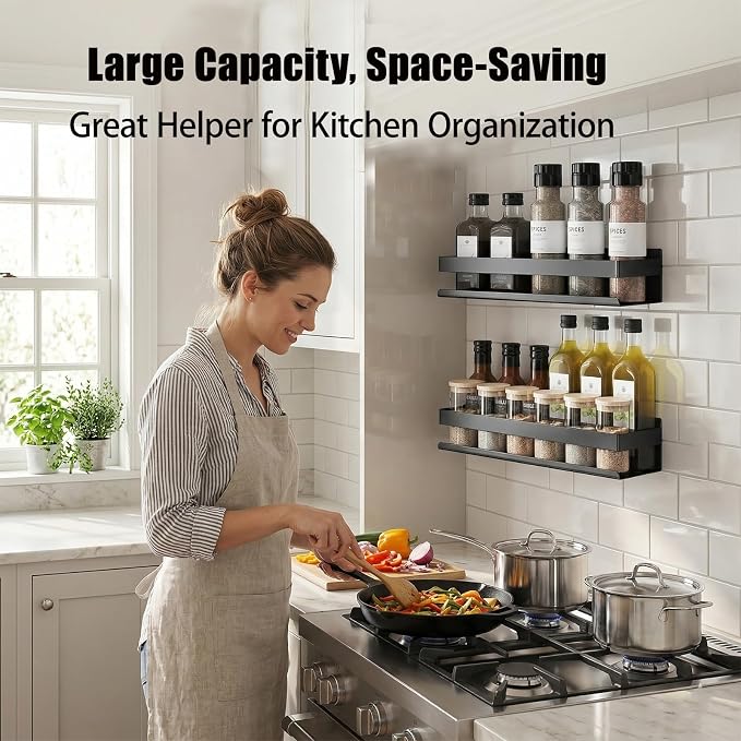 Floating Shelves Wall Mounted, Rustproof Stainless Steel Bathroom Shelf, Black Nail-Free Kitchen Spice Rack, Adhesive Storage Organizer for Shower & Home Decor
