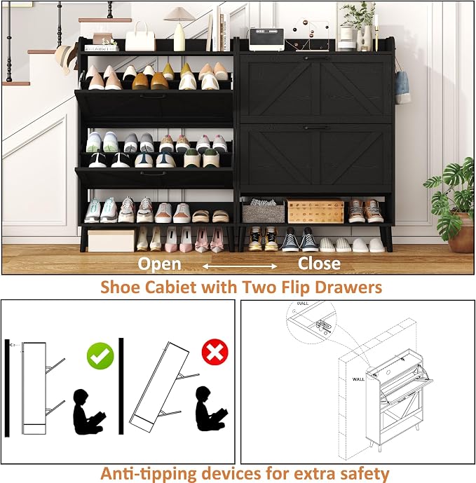 HOMEFORT Shoe Storage Cabinet for Entryway, 30" Freestanding Organizer with Two Flip Drawers, Narrow Hidden Shoe Rack with Wood Legs, Farmhouse Shoe Cabinet for Front Door Entrance,Black