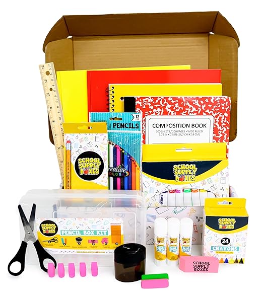 Back to School Supply Box (Pallet - 180 Boxes) - Grades K-5 Back to School Supplies - 32 Piece Kit Includes Markers, Crayons, Pencils, Scissors, Folders, Glue Sticks, Notebook, and Composition Book
