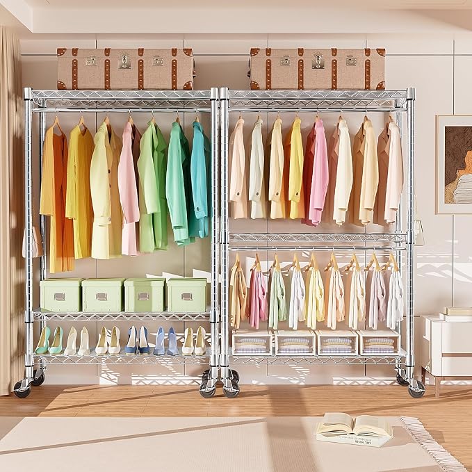 M MZG Heavy Duty Rolling Garment Rack 3 Tiers Adjustable Wire Shelving Clothes Rack with Rods and Side Hooks,Storage Closet Clothing Rack with Wheels Chrome 17.7" D x 47.2" W x 83.6" H