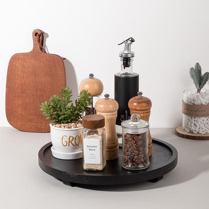 Round Decorative Tray Wood Bathroom Counter Organizer Farmhouse Kitchen Decor Wooden Riser for Soap Dish, Perfume, Candle, Sponge, 12" - Black | Waterproof, Lightweight, Easy Clean, Wood Riser Pedestal Stand Accessories for Office Desk, Vanity, Counter...