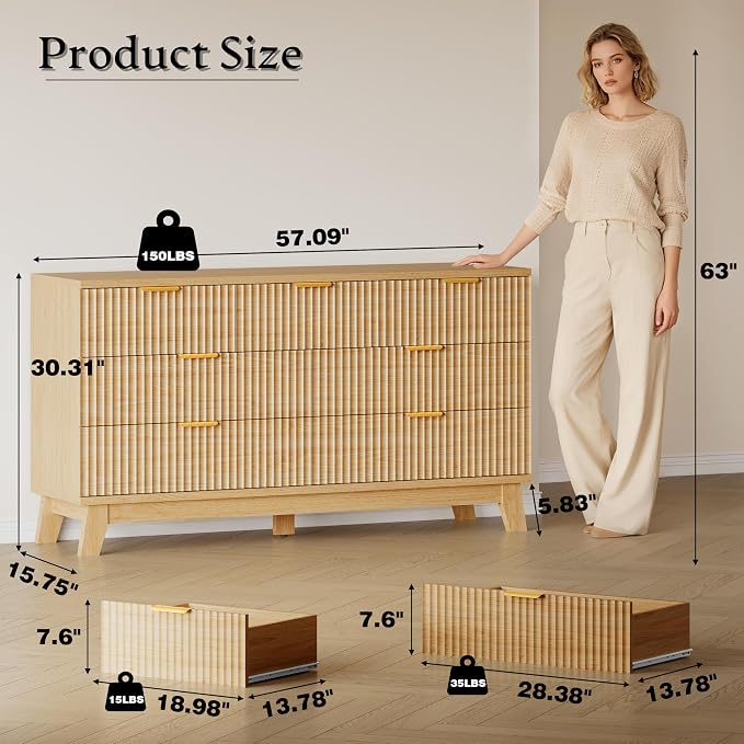 BORNOON 57" Long Dresser for Bedroom, 7-Drawer Fluted Chest, Wide Wood Storage Dresser with Metal Slides and Handles, Stable Base, Modern Clothes Organizer for Primary Suite, Guest Room, Nursery