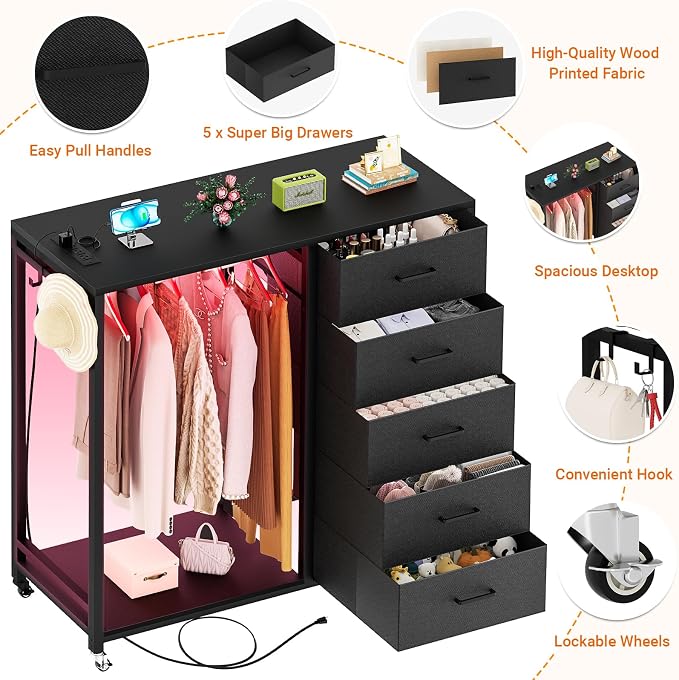 Cyclysio Storage Clothes Rack with 5 Drawers, Garment Rack with Charging Station & LED Lights, Fabric Chest Shelves Clothing Rack, Wooden Portable Wardrobe Closet