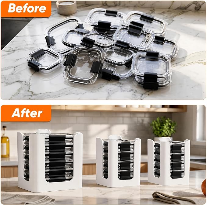 White 3 Pack Food Container Lid Organizer for Rubbermaid Brilliance | Stackable Lid Holder for Kitchen Cabinet Storage & Pantry Organization, Fits 0.5, 1.3, 3.2, 4.7 Cup Lids, Holds 24 Lids
