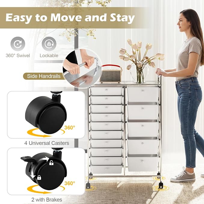 RELAX4LIFE 15-Drawer Rolling Storage Cart - Utility Cart with Metal Frame, Lockable Wheels & Removable Drawers, Multipurpose Art Craft Organizer for Home Office, Classroom (White)