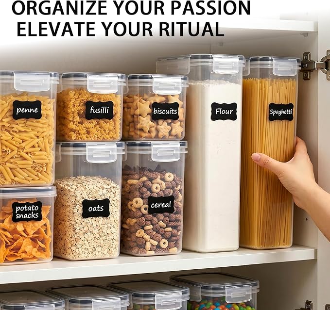 9PC Food Storage Containers, Airtight Pantry Storage Set with Lids | Stackable kitchen Storage Organizers, BPA Free Kitchen and Pantry Organization, Reusable Storage Set for Pasta, Dry Food