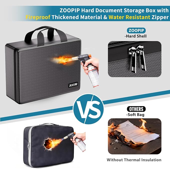 Fireproof Document Bag with Lock, Hard-Shell File Organizer, Black | Water-Resistant Zipper,Letter Size,Large Capacity,Portable Safe Storage for Important Paperwork,Passports,Certificates