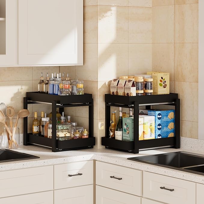APRTAT 2 Pack Under Sink Organizer, Bamboo Wooden 2-Tier Pull-Out Storage with Sliding Drawers for Kitchen and Bathroom Cabinets, Easy Installation (Black, 1 pack)