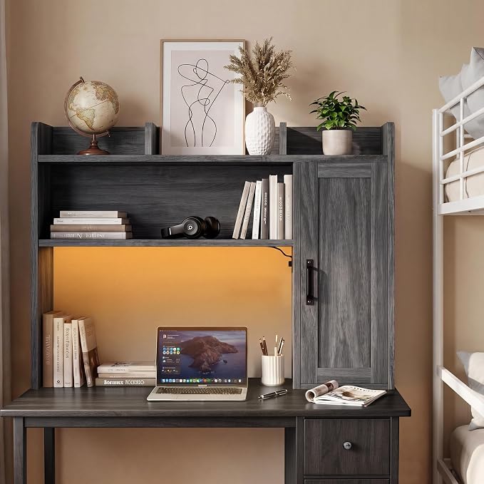 Dorm Desk Hutch, Desktop Shelf with 6 Shelves and Power Outlets 37.4" Desk Hutch with Drawers & RGB LED Light Over Desk Organizer Desktop Storage Shelf for Dorm Office Home Computer Desk-Grey