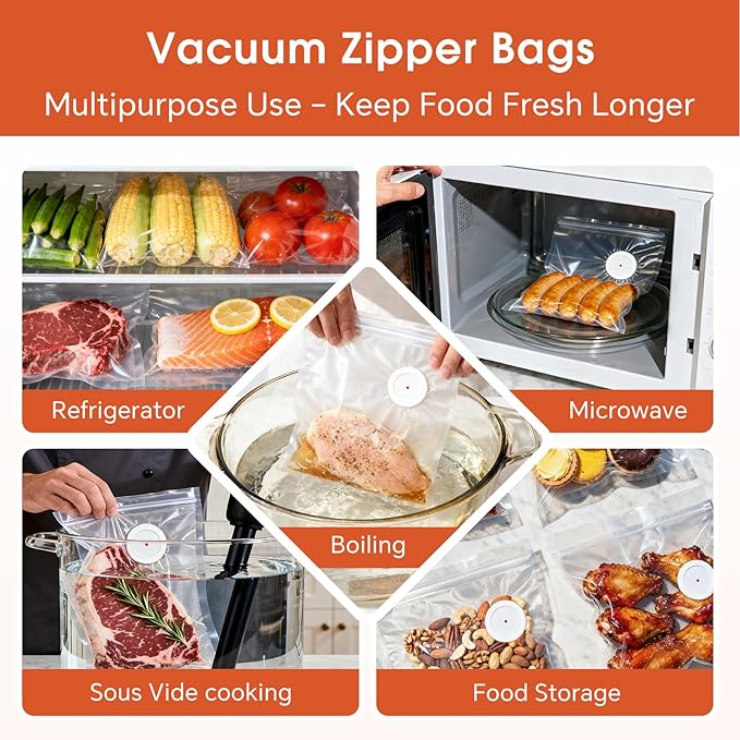 Reusable Vacuum Sealer Bags 20 Pack (10.2"x11") with 4 Clips, BPA-Free Vacuum Zipper Bags for Food Storage, Freezer & Sous Vide Cooking, Compatible with Food Saver Vacuum Sealers