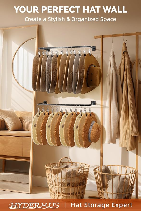 Cowboy Hat Rack for Wall 24 Clips Cowboy Hats Hook Metal Cowboy Hat Hanger | Hat Organizer for Bucket Baseball Caps Sunhat Winter Beanies Fedora Hat Holder on Wall Women Men Closet Black 2 Pcs