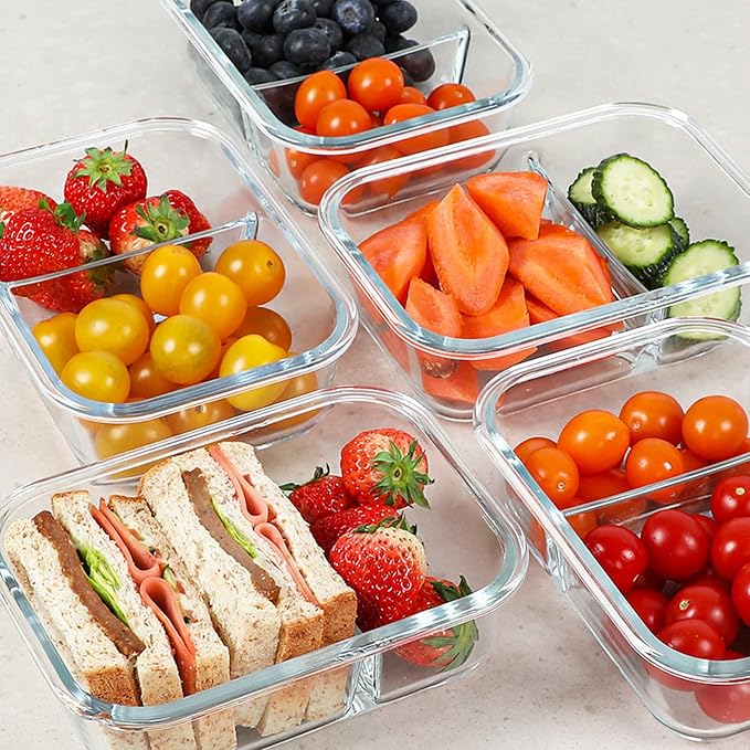KOMUEE 30 oz 5 Pack Glass Meal Prep Containers 2 Compartments, Glass Food Storage Containers with Lids, Airtight Lunch Box, Microwave, Oven and Freezer Safe, White