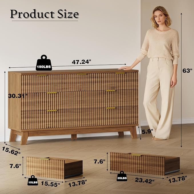 BORNOON Fluted 7 Drawer Dresser, 47.2" Wide Modern Boho Chest of Drawers, Wooden Storage Dresser TV Stand for Bedroom, Living Room, Closet, Hallway, Curved Profile Design
