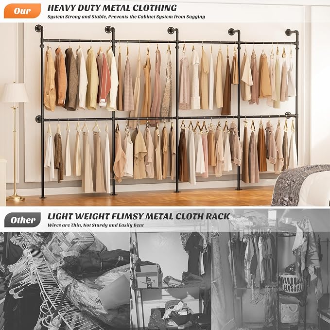 Aheaplus Industrial Pipe Clothing Rack, Reversible 13FT Clothes Rack for Hanging Clothes, Heavy Duty Garment Racks, Wall Mounted Closet Wardrobe, Corner L Shaped Walk-in Closet System, Black