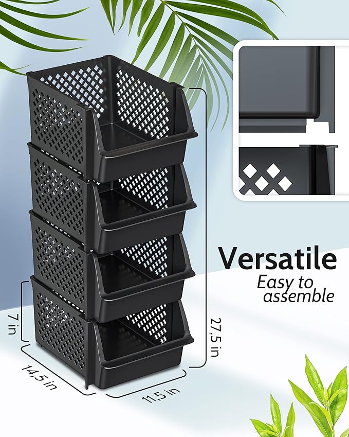 TidyFriend Stackable Storage Bins for Pantry - 8 Pack Stackable Bins for Organizing Food, Kitchen, and Bathroom Essentials (Black)
