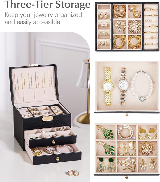 Homde Small Jewelry Box for Girls: 3-Layer Lockable Organizer(Black) | Removable Tray&Dividers for Flexible Storage - Sort Earrings&Rings&Necklaces for Beginners - Birthday Gift for Teens