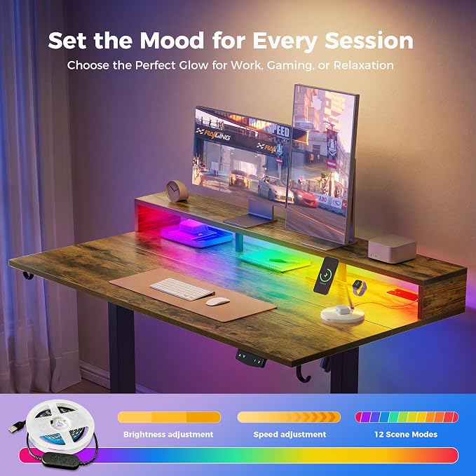 Klicelor Electric Standing Desk with Shelf, 48 Inch Height Adjustable Desk with Power Outlets & LED, Sit Stand Up Table with Monitor Stand, Computer Workstation for Home Office, Rustic Brown