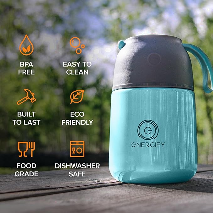 ENERGIFY Vacuum Insulated Food Jar. Large 17oz Bowl incl. Folding Spoon, Cup. Wide Mouth Keep Hot & Cold Drinks Soup Lunch Container for Adults. BPA-Free Stainless Steel, Leak Proof Blue