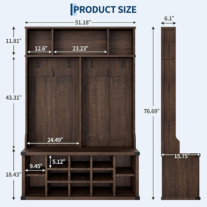 Garvee Farmhouse Entryway Hall Tree with Bench, Shoe Storage & Coat Rack | Large 5-in-1 Mudroom Storage w/ 6 Tri-Hooks & Seating, 13 Cubbies & Adjustable Shelf, Metal Corner Protctor, Rustic Brown