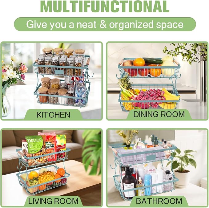 Fruit Basket Bowl 2 Tier Detachable with 2 Banana Hangers, Fruit Stand Holder for Kitchen Countertop, Metal Wire Vegetable Storage Organizer, for Bread Snack Veggies Produce, blue