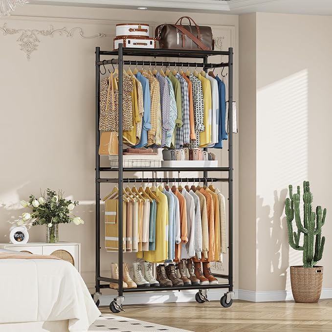 Simple Trending Clothes Rack, Portable Closet with Mesh Shelves, Black | Wardrobe Closet with Hooks, Multi-Functional, Sturdy Metal Garment Rack for Bedroom, Laundry