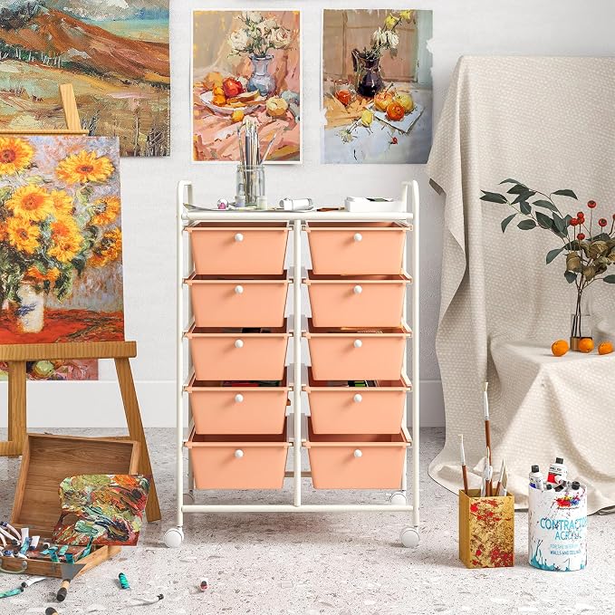 Moccha Rolling Cart with 10 Drawers - Under Desk Storage Drawers with wheels for Craft Art Supply Paper Salon, Under Desk Cabinet on Wheels, Multipurpose Movable Utility Cart for Classroom